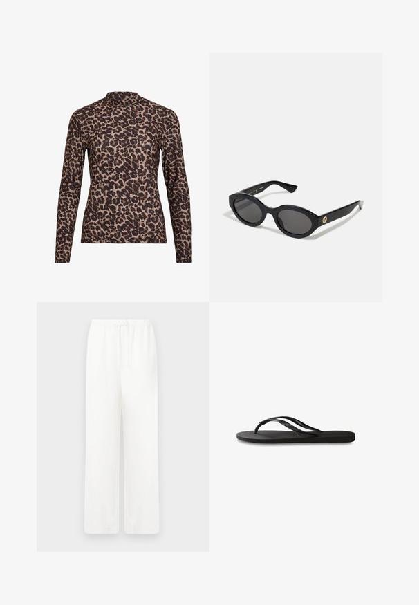 Leopárdmintás, hosszú ujjú felső, magas nyakkal, rugalmas anyagból készült. Bézs alap háttérrel és barna foltokkal rendelkezik. Sima tapintású, testhez álló fazon.; Fehér, bő szárú nadrág könnyű anyagból, rugalmas derékkal és megkötős zárással. Simás tekstúra, nincs látható mintázat vagy fémalkatrész.; Fekete papucs texturált gumitalppal, két vékony pánttal és finom, domború logóval a pánton.; Fekete ovális napszemüveg sötét lencsékkel és fényes műanyag kerettel. Aranyszínű logóval rendelkezik a szárán, amely elegáns és modern megjelenést biztosít.; Kék, mintás, szövetből készült kézitáska, ívelt formával, fekete bőr pánttal és világosabb árnyalatú logóval.