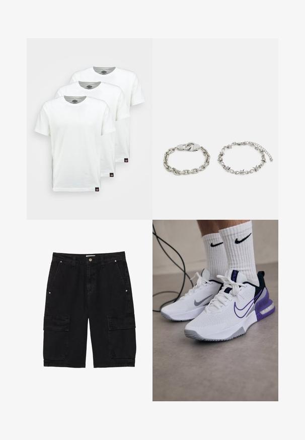Drei schlichte weiße Baumwoll-T-Shirts mit kurzen Ärmeln. Jedes Shirt hat einen runden Ausschnitt und ein kleines schwarzes Logotipo auf der linken Seite.; Schwarze Cargo-Shorts aus Denim, mit zwei Seitentaschen und zwei Klappcargo-Taschen an den Beinen, mit einem Knopfverschluss und Gürtelschlaufen.; Weiße Sportschuhe mit Netzoberteil, lila Akzenten und grauer Sohle. Getragen mit weißen gerippten Socken, die ein schwarzes Logo zeigen. Ein Kabel liegt in der Nähe.; Silberne Kettenarmband mit Handschellenverschluss auf der linken Seite; rechts befindet sich eine dekorative Kette mit Akzenten. Beide haben ein poliertes Finish.