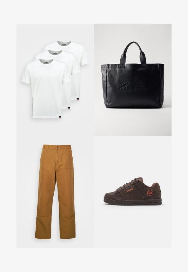 Tři jednoduché bílé bavlněné trička s krátkým rukávem. Každé tričko má kulatý výstřih a malou černou štítkovou nášivku na levé straně.; Hnědé bavlněné pracovní kalhoty s rovnými nohavicemi, které mají přední kapsy a kovové detaily pro zvýšenou odolnost.; Hnědé skateboardové boty s polstrovaným límcem, textilním koženým svrškem a embosovaným logem. Mají silné tkaničky a gumovou podešev s drážkami.; Černá kožená kabelka typu tote s dvojitými horními uchy, vyraženým logem na přední straně, obdélníkovým tvarem a hladkým povrchem.