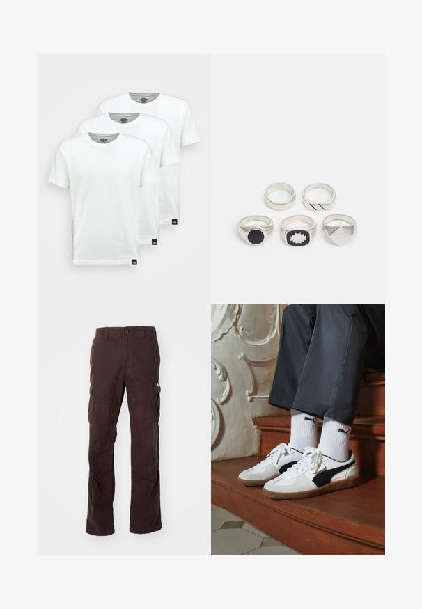 Tri obične bijele pamučne majice kratkih rukava. Svaka majica ima okrugli izrez i malu crnu oznaku s logom sa lijeve strane.; Smeđe cargo hlače izrađene od čvrstog pamučnog materijala, s bočnim džepovima, opuštenim krojem i ravnim nogavicama s vidljivim šavnim detaljima.; Puma tenisice u bijelom i crnom nubuku, s smešnim gumastim potplatom. Uparene su s bijelim čarapama s crnim logom, nosene uz tamne hlače.; Pet srebrne prstenje: jedan s crnim kružnim detaljem, jedan s bijelim i crnim geometrijskim uzorkom, a ostali s različitim oblicima i završnim obradama.