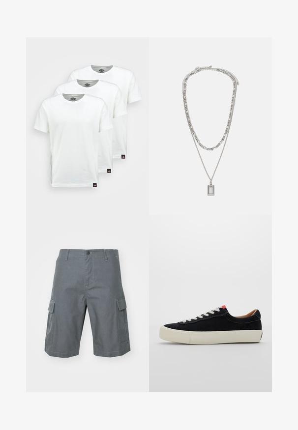 Three plain white cotton t-shirts with short sleeves. Each shirt features a round neckline and a small black logo tag on the left side.; Carhartt WIP REGULAR CARGO COLUMBIA - Shorts - graphite; Black fabric sneaker with white laces, beige rubber sole, and red accent at the heel. Rounded toe and minimal stitching detail.; Silver necklace with two layered chains; features a rectangular pendant with a smooth surface, showcasing a polished metal finish.