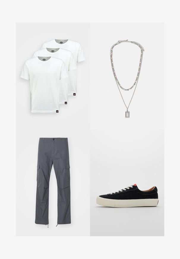 Three plain white cotton t-shirts with short sleeves. Each shirt features a round neckline and a small black logo tag on the left side.; Gray cargo pants with a straight fit, multiple pockets, button closure, and adjustable cuffs at the hem. Made of durable, lightweight fabric.; Black fabric sneaker with white laces, beige rubber sole, and red accent at the heel. Rounded toe and minimal stitching detail.; Silver necklace with two layered chains; features a rectangular pendant with a smooth surface, showcasing a polished metal finish.