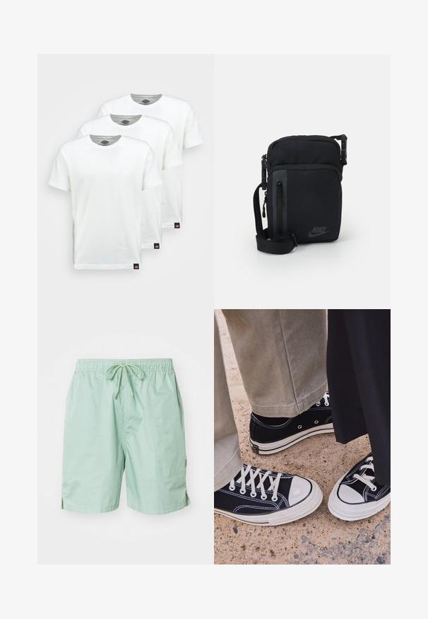 Três t-shirts de algodão brancas simples com mangas curtas. Cada t-shirt possui uma gola redonda e uma pequena etiqueta de logotipo preta no lado esquerdo.; Calções de banho verde claro, feitos de um tecido suave, com um cós elástico com cordão, bolsos laterais e comprimento curto.; Sapatilhas pretas de lona com biqueiras e atacadores de borracha brancos. O contraste nas costuras e os ilhós de metal acrescentam detalhe. Usadas com calças bege e tecido preto.; Bolsa crossbody preta de nylon com compartimentos com fecho, alça ajustável e detalhe de logotipo discreto na frente. Textura suave e forma retangular.