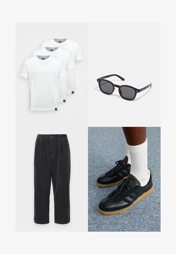 Trois t-shirts en coton blanc uni à manches courtes. Chaque t-shirt présente un col rond et une petite étiquette de logo noire sur le côté gauche.; Pantalons en velours côtelé gris foncé à coupe ample, dotés d'une fermeture à bouton, de plis et d'une longueur cropped, affichant une texture ribbed.; Baskets en daim et cuir bleu marine foncé avec des lacets noirs, arborant trois bandes et une semelle en caoutchouc gomme. Portées avec des chaussettes blanches à côtes.; Lunettes de soleil noires en forme ovale avec des verres teintés, monture épaisse et accents en point argenté sur les côtés. Matériau en plastique lisse, design contemporain.