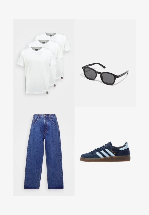 Tri obične bele bombažne majice s kratkimi rokavi. Vsaka majica ima okroglo ovratnico in majhno črno oznako na levi strani.; Široke, modre jeans hlače z visokim pasom, ki imajo pet žepov, gumb za zapiranje in diskretno bledenje za teksturo.; Mornarsko modri velur Adidas športni copati z svetlo modrimi črtami, gumijastim podplatom, svetlo modrim petnim jezičkom in zlatim oznako "Spezial" na strani.; Črne ovalne sončne očala z temnimi lečami, debelimi okvirji in srebrnimi pikami na straneh. Gladek plastičen material, sodoben dizajn.