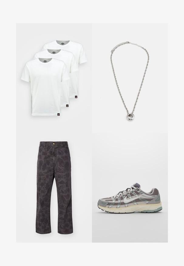 Tre ensfarvede hvide bomulds t-shirts med korte ærmer. Hver shirt har en rund halsudskæring og et lille sort logo mærke på venstre side.; Carhartt WIP DUCK SINGLE KNEE PANT - Bukser - green/graphite garment dyed; Grå sportssko med overdel i mesh og ruskind, hvide accenter, en polstret sål og et særpræget design med reflekterende elementer.; Sølvfarvet metalhalskæde med et snoet kædedesign og en cirkulær vedhæng med en poleret overflade.