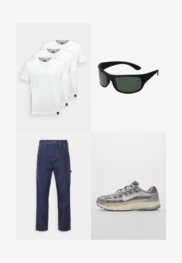 Drei schlichte weiße Baumwoll-T-Shirts mit kurzen Ärmeln. Jedes Shirt hat einen runden Ausschnitt und ein kleines schwarzes Logotipo auf der linken Seite.; Dunkelblaue Denim-Cargo-Hosen mit gelben Nähten, Seitentaschen und geradem Schnittdesign. Verfügt über einen Knopf- und Reißverschluss.; Grauer Sportschuh mit einem Obermaterial aus Mesh und Wildleder, weißen Akzenten, einer gepolsterten Sohle und einem charakteristischen Design mit reflektierenden Elementen.; Schwarze Wraparound-Sonnenbrille mit dunkelgrünen Gläsern. Mattes Finish, geschwungenes Design, mit geraden Bügeln und dezentem Branding an der Seite.