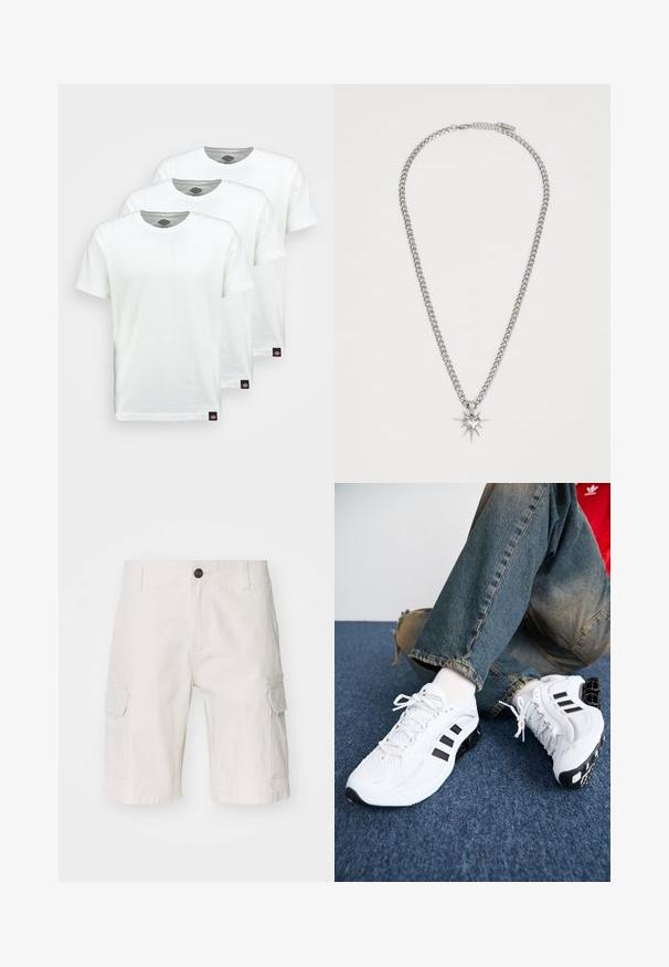 Drie eenvoudige witte katoenen T-shirts met korte mouwen. Elk shirt heeft een ronde halslijn en een klein zwart logo-label aan de linkerkant.; Beige cargoshorts van lichtgewicht stof, met twee zijzakken, een knoopsluiting en een relaxte pasvorm. Soepele textuur met subtiel patroon.; Witte mesh sport schoenen met zwarte accenten, voorzien van een textuurontwerp en een onderscheidende zool, gecombineerd met blauwe spijkerbroeken.; FAINZ SPIKE HEART CHAIN UNISEX - Ketting - silver-coloured