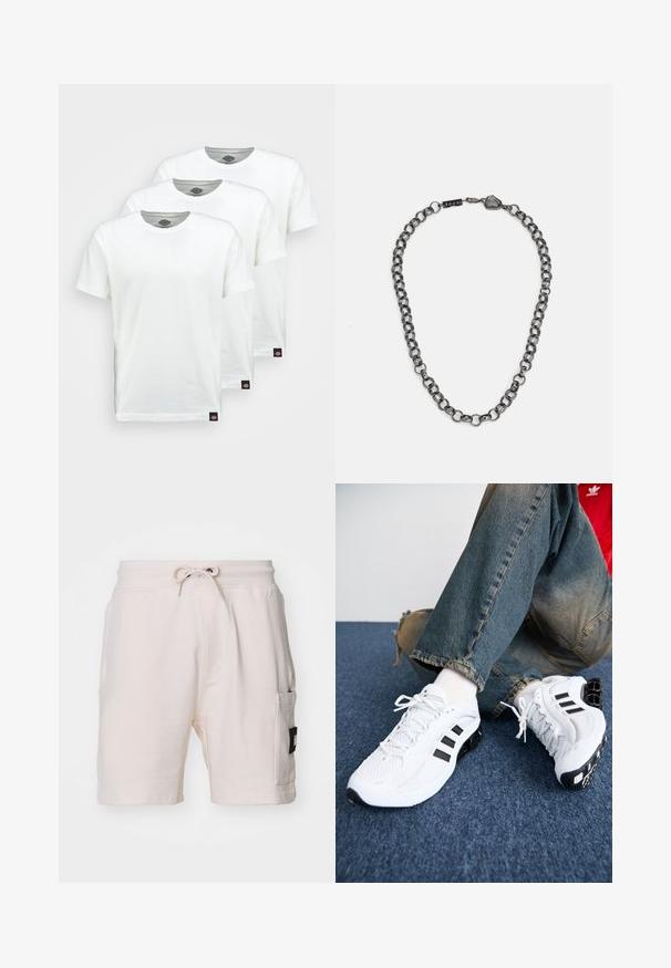 Drei schlichte weiße Baumwoll-T-Shirts mit kurzen Ärmeln. Jedes Shirt hat einen runden Ausschnitt und ein kleines schwarzes Logotipo auf der linken Seite.; Helle beige Baumwollshorts mit einem elastischen Bund, Kordelzug, seitlichen Taschen und einem auffälligen schwarzen Patch-Label an der Seite.; Weiße Mesh-Sportschuhe mit schwarzen Akzenten, die ein strukturiertes Design und eine markante Sohle aufweisen, kombiniert mit blauen Jeans.; Metallkettengesicht mit verlängerten Gliedern in einer dunklen Graphitfarbe. Enthält ein geometrisches Akzent- und Verschlussdetail mit Markenlogo.