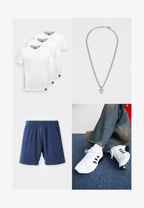 Tři jednoduché bílé bavlněné trička s krátkým rukávem. Každé tričko má kulatý výstřih a malou černou štítkovou nášivku na levé straně.; Námořnické šortky vyrobené z měkké bavlněné směsi, s elastickým pasem, bočními kapsami a rovnými nohavicemi. Ideální na volný čas.; Bílé síťované sportovní boty s černými detaily, s texturovaným designem a výraznou podrážkou, spárované s modrými džínami.; FAINZ SPIKE HEART CHAIN UNISEX - Náhrdelník - silver-coloured