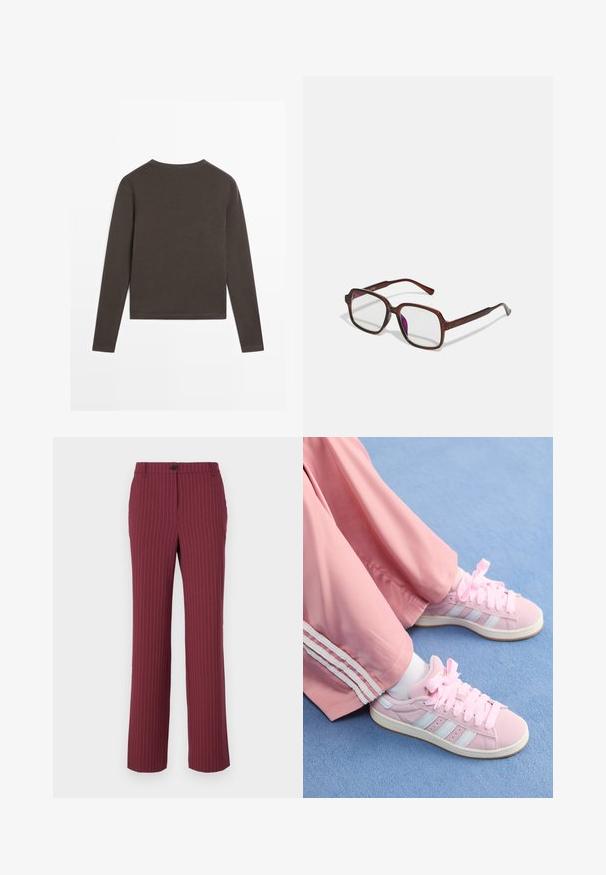 Langsleeve, ronde hals t-shirt van donkerbruin katoen. Vloeiende textuur met een rechte zoom en zijsplitten aan de onderkant.; Bordeaux gestreepte broek met rechte pijpen, knoopsluiting en riemlussen. Soepele stof met verticale lijnen voor extra detail.; Roze sportieve schoenen met lichtblauwe strepen, ronde neuzen en dikke roze veters, gecombineerd met roze trainingsbroeken met witte zijstrepen.; Bruine, rechthoekige bril met transparante glazen en paarse tinten. Glad kunststof montuur met rechte pootjes en subtiele accenten.; Geel gepatenteerd leren handtas met een ronde vorm, enkele bovenhandgreep en een zilveren logo plaat. Voorzien van een ritssluiting en een gladde textuur.; Gouden ring met een groot "M" ontwerp, bezaaid met kleine heldere rhinestones, glanzende, zachte band, moderne en gedurfde uitstraling.