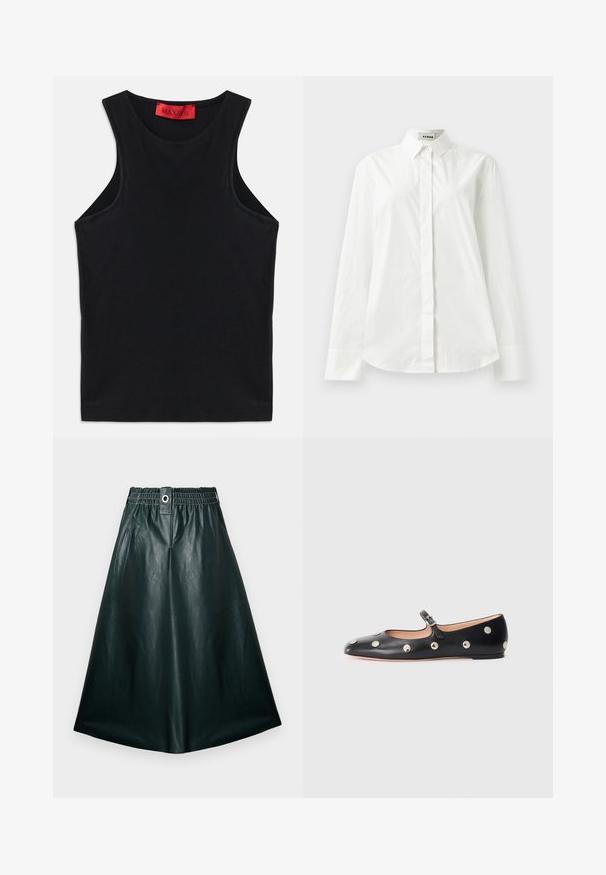 Melnā bez piedurknēm augšdaļa, izgatavota no mīksta kokvilnas. Tam ir apaļa kakla izgriezums un standarta apakšmalas. Vienkāršs dizains, nav redzamu rakstu vai akcentu.; Balta kokvilnas krekls ar garām piedurknēm, ar norādītu apkakli, pogāmu priekšpusi un apaļu apakšmalu. Gluda tekstūra, regulāra piegriezums un bez rakstiem.; Tumši zaļas ādas vidēja garuma svārki ar elastīgu jostasvietu, priekšējo pogu detaļu un gludu, spīdīgu tekstūru. A-veida siluets bez kabatām.; Melna ādas Mary Jane līdzena zābaku ar noapaļotu purngalu, kurā ir sudraba apaļie kniedes un regulējama siksniņa ar sprādzi.