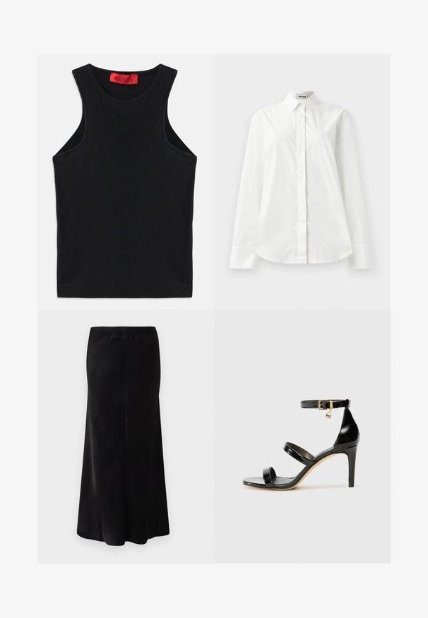 Melnā bez piedurknēm augšdaļa, izgatavota no mīksta kokvilnas. Tam ir apaļa kakla izgriezums un standarta apakšmalas. Vienkāršs dizains, nav redzamu rakstu vai akcentu.; Balta kokvilnas krekls ar garām piedurknēm, ar norādītu apkakli, pogāmu priekšpusi un apaļu apakšmalu. Gluda tekstūra, regulāra piegriezums un bez rakstiem.; Melnas, grīdas garuma svārki, izgatavoti no gludas auduma. Satur pieguļošu jostasvietu un izplestu siluetu. Nav redzamu rakstiem vai detaļām.; Melnas lakota ādas sandalēs ar trim siksnām, potītes sprādzi un 4 collu stiletto papēdi. Iespējas ar zelta detaļām un logotipa piekariņu.