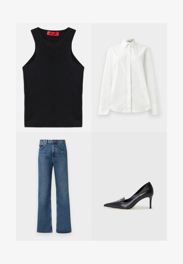 Top sin mangas negro hecho de algodón suave. Presenta un escote redondo y un dobladillo estándar. Diseño simple, sin patrones ni acentos visibles.; Camisa de algodón blanca de manga larga con collar puntiagudo, cierre frontal de botones y dobladillo redondeado. Textura suave, corte regular y sin patrones.; Vaqueros de pierna ancha, color azul claro, confeccionados en denim. Presentan una cintura alta, diseño de cinco bolsillos y costuras en contraste en toda la prenda. Cierre clásico con botón.; Zapato de piel negra con punta afilada, escote bajo y un detalle decorativo dorado. Cuenta con un tacón de aguja y textura suave.