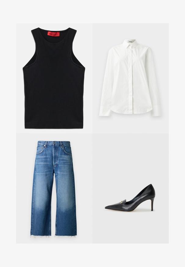 Melnā bez piedurknēm augšdaļa, izgatavota no mīksta kokvilnas. Tam ir apaļa kakla izgriezums un standarta apakšmalas. Vienkāršs dizains, nav redzamu rakstu vai akcentu.; Balta kokvilnas krekls ar garām piedurknēm, ar norādītu apkakli, pogāmu priekšpusi un apaļu apakšmalu. Gluda tekstūra, regulāra piegriezums un bez rakstiem.; Gai zils džinsi ar platām kājām un saplēstu maliņu, aprīkoti ar piecām kabatām un pogas aizdari jostasvietā.; Melnas ādas sūkņi ar norādītu pirkstu, zemu griezumu un dekoratīvu zelta akcentu. Iezīmējas ar stiletto papēdi un gludu tekstūru.