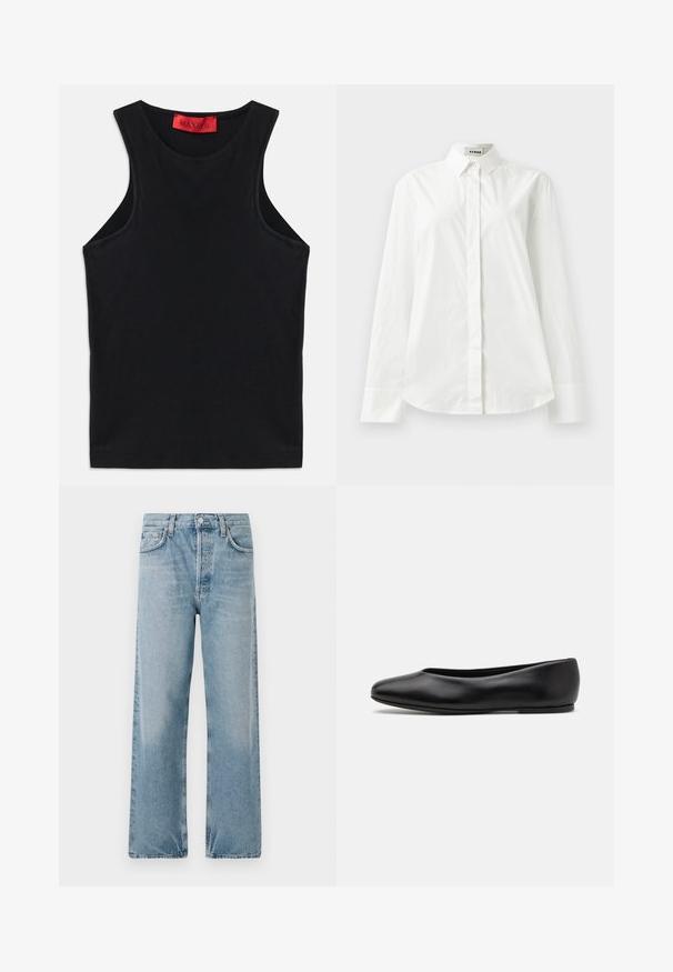 Black sleeveless top made from soft cotton. Features a round neckline and standard hem. Simple design, no visible patterns or accents.; White cotton long-sleeve shirt with a pointed collar, button-front closure, and rounded hem. Smooth texture, regular fit, and no patterns.; Light blue denim jeans with a high waist, wide-leg cut, and five-pocket design. Features a button fly and subtle fading.; Paul Smith TOPANGA - Ballet pumps - black