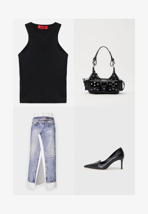 Czarny bezrękawnik wykonany z miękkiej bawełny. Ma okrągły dekolt i standardowy dół. Prosty design, brak widocznych wzorów lub akcentów.; Spódnica jeansowa z nadrukiem zdjęcia dżinsów na białym materiale. Oferuje standardową talię, boczne rozcięcie i szczegółowe przeszycia na kieszeniach.; Czarny skórzany czórek na wysokim obcasie z ostrym noskiem, niskim przodem i dekoracyjnym złotym akcentem. Posiada szpilkowy obcas oraz gładką fakturę.; Czarna skórzana torebka w zakrzywionym kształcie, z srebrnymi ćwiekami, klamrą i dwoma bocznymi kieszeniami. Regulowany pasek umożliwiający różne opcje noszenia.
