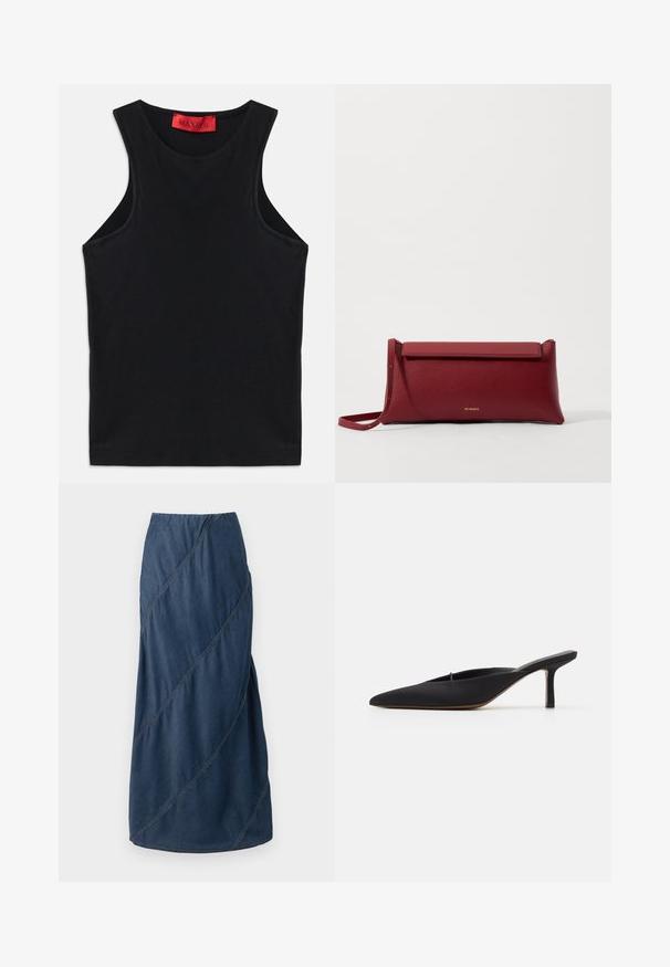 Zwarte mouwloze top van zachte katoen. Heeft een ronde halslijn en een standaard zoom. Eenvoudig ontwerp, geen zichtbare patronen of accenten.; Denim maxi-jurk in een diepe blauwtint, met diagonale stikpatronen en een elastische tailleband voor een gestructureerde, vloeiende uitstraling.; Zwarte muiltje met spitse neus en een strak ontwerp, gemaakt van gladde stof, met een slanke hak en open achterkant voor gemakkelijk aan- en uittrekken.; Rode leren clutch met een gestructureerde afwerking, met een vlakke omvouwtop en een korte strap. Subtiele merklogo op de voorkant.