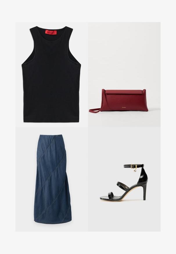 Top sin mangas negro hecho de algodón suave. Presenta un escote redondo y un dobladillo estándar. Diseño simple, sin patrones ni acentos visibles.; Falda larga de mezclilla en un profundo color azul, con patrones de costura diagonales y una cinturilla elástica que le da una forma estructurada y fluida.; Sandalia de charol negro con tres correas, hebilla en el tobillo y tacón de aguja de 10 cm. Presenta detalles de hardware en oro y un charm con el logo.; Bolso de mano de cuero rojo con un acabado texturizado, que presenta una parte superior plana y un asa corta. Sutil logo de la marca en la parte frontal.