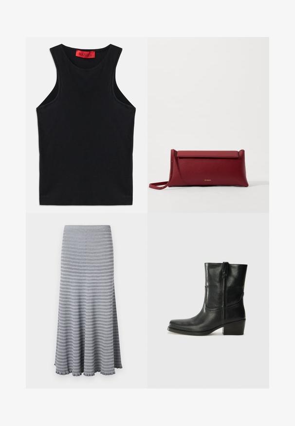 Melnā bez piedurknēm augšdaļa, izgatavota no mīksta kokvilnas. Tam ir apaļa kakla izgriezums un standarta apakšmalas. Vienkāršs dizains, nav redzamu rakstu vai akcentu.; Pelēka adīta maksi svārku ar horizontālām svītrām. Tam ir smagota josta un rufi mala. Mīksta tekstūra ar plūstošu dizainu.; Melna ādas potīte ar noapaļotu purngalu, bloku papēdi, sānu rāvējslēdzēju un šuvju akcentiem uz virsmas. Gluda tekstūra, klasiskā dizaina.; Sarkans ādas klasisks maciņš ar teksturētu virsmu, ar plakanu salokāmu augšpusi un īsu siksniņu. Uz priekšpuses ir smalks zīmola logo.