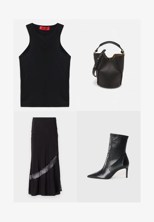 Top sans manches noir en coton doux. Présente un col rond et un ourlet standard. Design simple, sans motifs ni accents visibles.; Jupe noire en tissu lisse, avec une insertion en dentelle en diagonale sur l'ourlet. Design évasé avec un léger éclat.; Bottes noires à la cheville en cuir lisse, dotées d'un bout pointu, d'un tige ajustée et d'un talon haut fin. Design minimaliste sans quincaillerie visible.; Sac seau en cuir noir avec une finition texturée, accents en matériel doré et une ouverture en haut. Il dispose d'une courte poignée et d'une sangle d'épaule réglable.