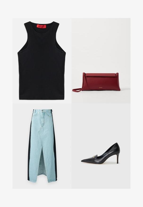 Black sleeveless top made from soft cotton. Features a round neckline and standard hem. Simple design, no visible patterns or accents.; Denim skirt combining light blue and black materials, featuring a front slit, high waist, and structured design with standard button closure.; Black leather pump with a pointed toe, low-cut vamp, and a decorative gold accent. Features a stiletto heel and smooth texture.; Red leather clutch bag with a textured finish, featuring a flat fold-over top and a short strap. Subtle brand logo on the front.