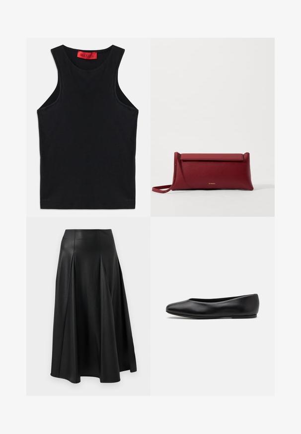 Top sans manches noir en coton doux. Présente un col rond et un ourlet standard. Design simple, sans motifs ni accents visibles.; Jupe en cuir noir avec des plis, une texture lisse, une coupe mi-longue et une taille ajustée. Style minimaliste sans quincaillerie visible.; Paul Smith TOPANGA - Ballerines - black; Pochette en cuir rouge à la finition texturée, avec un rabat plat et une courte sangle. Logo de marque discret sur le devant.