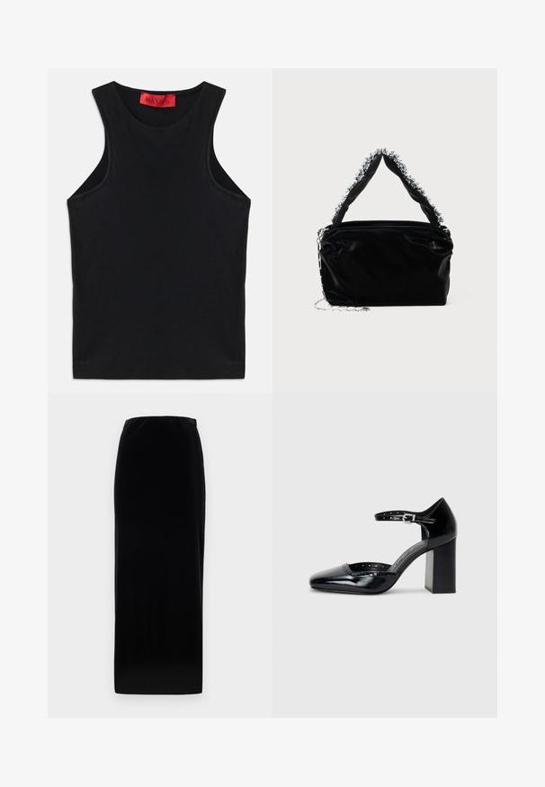 Juodas be rankovių marškinėliai, pagaminti iš minkštos medvilnės. Turi apvalų iškirpimą ir standartinį apdailą. Paprastas dizainas, be matomų raštų ar akcentų.; Juodas aksominis maxi sijonas su tiesia siluetu, elastinga juosmeniu, lygia tekstūra ir be matomų raštų ar aksesuarų detalių.; Juodos lakuotos aukštakulnės bateliai su kvadratine nosimi, kulkšnies dirželiu ir masyviu kulnu. Apima perforuotus detalizavimus aplink kraštą.; Juodas dirbtinės odos rankinė su tekstūruotu paviršiumi, su sidabriniu karoliukų akcentu viršutinėje rankenoje ir grandinine juosta.