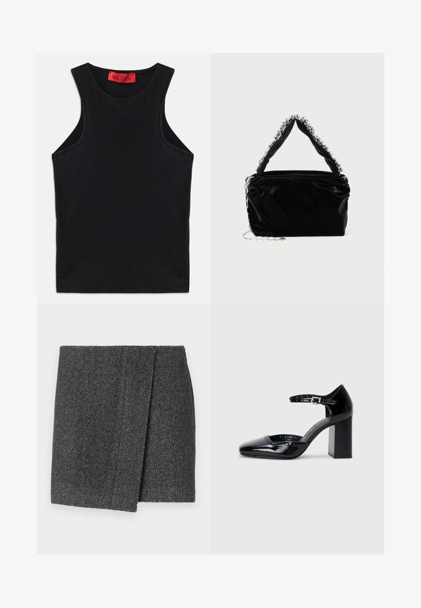 Top senza maniche nero realizzato in morbido cotone. Presenta un colletto rotondo e un orlo standard. Design semplice, senza motivi o accenti visibili.; Gonna grigia a motivo chevron con design avvolgente, caratterizzata da un tessuto testurizzato e un orlo dritto e pulito.; Scarpe col tacco alto in pelle verniciata nera con punta quadrata, cinturino alla caviglia e tacco chunky. Include dettagli perforati lungo il bordo.; Borsa a tracolla nera in ecopelle con finitura testurizzata, caratterizzata da un accento in argento con perline lungo il manico superiore e una tracolla a catena.