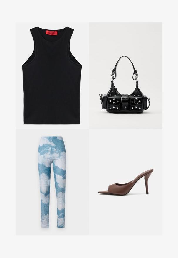 Black sleeveless top made from soft cotton. Features a round neckline and standard hem. Simple design, no visible patterns or accents.; Leggings featuring a blue denim background with white cloud patterns. The fabric appears stretchy with a fitted design and ankle length.; Brown leather open-toe high-heeled mules with a sleek design, featuring a wide front strap and a slender stiletto heel.; Black leather handbag with a curved design, featuring silver studs, a buckle, and two side pockets. Adjustable strap for carrying options.
