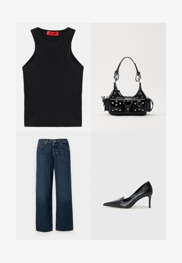 Top sin mangas negro hecho de algodón suave. Presenta un escote redondo y un dobladillo estándar. Diseño simple, sin patrones ni acentos visibles.; Jeans de mezclilla de color azul oscuro con corte recto, cinco bolsillos y herrajes de metal. Presentan un ligero desgastado y un dobladillo limpio.; Zapato de piel negra con punta afilada, escote bajo y un detalle decorativo dorado. Cuenta con un tacón de aguja y textura suave.; Bolso de mano de cuero negro con un diseño curvado, que cuenta con tachuelas plateadas, una hebilla y dos bolsillos laterales. Correa ajustable para opciones de transporte.