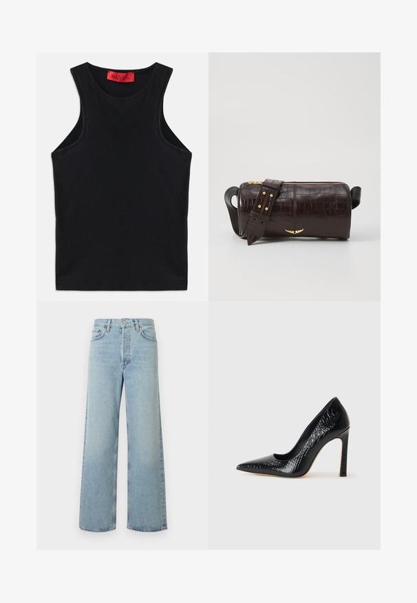 Top sin mangas negro hecho de algodón suave. Presenta un escote redondo y un dobladillo estándar. Diseño simple, sin patrones ni acentos visibles.; Vaqueros de pierna ancha en tela vaquera de color azul claro con cintura alta. Incluyen cinco bolsillos, cierre de botón y una sutil textura deslavada.; Zapato de tacón alto negro con punta afilada y textura de piel de cocodrilo, que presenta un diseño elegante, un alto tacón de aguja y un interior negro suave.; Bolso de cuero marrón con estampado de cocodrilo, de forma cilíndrica, con herrajes en tono dorado y una correa desmontable con tachuelas.