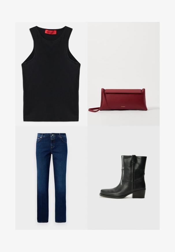 Fekete ujjatlan felső, puha pamutból készült. Kerek nyakkivágással és normál aljjal rendelkezik. Egyszerű dizájn, nincs látható minta vagy díszítés.; Sötétkék farmernadrág egyenes szárú fazonnal, klasszikus derékrésszel, öt zsebbel és diszkrét varrási részletekkel az illesztéseken.; Fekete bőr bokacsizma lekerekített orral, blokk sarkúval, oldalsó cipzárral és varrásos díszítéssel az elején. Simább textúra, klasszikus dizájn.; Piros bőr klutcs táska textúrázott felülettel, lapos hajtogatott tetejével és rövid pánttal. Diszkrét márkájú logó elöl.