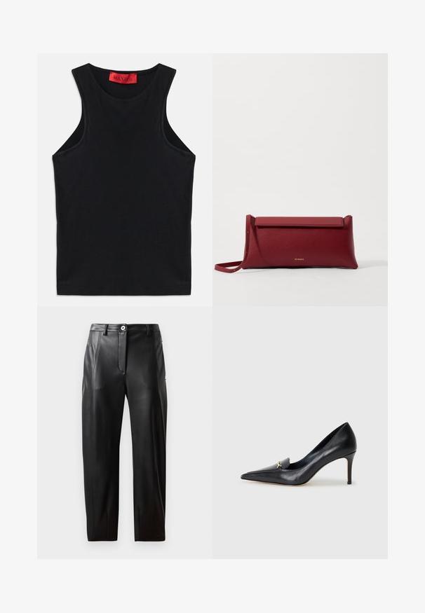 Črna brezrokavna majica, natančno izdelana iz mehke bombažne tkanine. Ima okroglo ovratnik in standardni rob. Preprost dizajn, brez vidnih vzorcev ali dodatkov.; Črne usnjene hlače z gladko teksturo, ki imajo sprednje žepe, zadrgo in prilegajoč dizajn. Diskretni šivi ob straneh.; Črne usnjene pumpe s špicastim nosom, nizkim vampom in dekorativnim zlatim akcentom. Imajo stiletto peto in gladko teksturo.; Rdeča usnjena torbica s teksturirano površino, z ravnim zloženim vrhom in kratkim trakom. Diskreten logotip blagovne znamke spredaj.