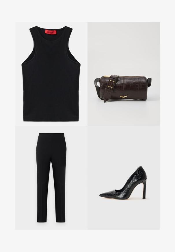 Black sleeveless top made from soft cotton. Features a round neckline and standard hem. Simple design, no visible patterns or accents.; Black trousers with a streamlined design, made from smooth fabric. Features an elastic waistband and tapered legs with minimal stitching detail.; Black pointed-toe high heel shoe with a crocodile-skin texture, featuring a sleek design, high stiletto heel, and smooth black interior.; Brown crocodile-embossed leather bag with a cylindrical shape, gold-tone hardware, and a detachable strap featuring studs.