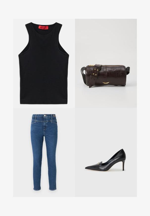 Melnā bez piedurknēm augšdaļa, izgatavota no mīksta kokvilnas. Tam ir apaļa kakla izgriezums un standarta apakšmalas. Vienkāršs dizains, nav redzamu rakstu vai akcentu.; Šauri džinsi tumši zilo denimu, ar piecām kabatām, pogu aizdari un kontrastējošiem šuvēm. Gluda tekstūra ar minimālu nodilumu.; Melnas ādas sūkņi ar norādītu pirkstu, zemu griezumu un dekoratīvu zelta akcentu. Iezīmējas ar stiletto papēdi un gludu tekstūru.; Brūna krokodila ādas soma ar cilindrisku formu, zelta toni aparatūru un noņemamu siksnu ar studiem.