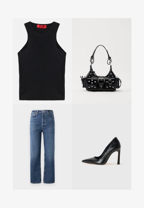 Crna majica bez rukava izrađena od mekog pamuka. Ima okrugli izrez i standardni rub. Jednostavan dizajn, bez vidljivih uzoraka ili akcenta.; Jeanice visoke struka od denima, s ravnim krojem nogavica, pet džepova i zlatnim detaljima. Glatka tekstura i klasičan dizajn.; Crne visoke potpetice s oštrim prstima, od teksture krokodilske kože, elegantnog dizajna, visoke stiletto potpetice i glatkog crnog unutrašnjosti.; Crna kožna torba s zakrivljenim dizajnom, koja sadrži srebrne zakovice, kopču i dva bočna džepa. Podesiva traka za različite opcije nošenja.