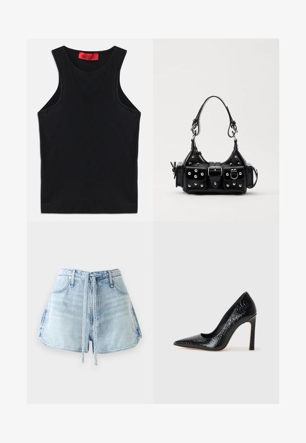 Črna brezrokavna majica, natančno izdelana iz mehke bombažne tkanine. Ima okroglo ovratnik in standardni rob. Preprost dizajn, brez vidnih vzorcev ali dodatkov.; Svijetloplave traper kratke hlače s remenom za podešavanje u struku, pet džepova i sirovim rubovima. Tkanina ima istrošen izgled.; Črne čevlje z visoko peto in konico v obliki puščice, z teksturo krokodilje kože, ki se ponašajo s sleek oblikovanjem, visokim stiletto peto in gladkim črnim notranjostjo.; Črna usnjena torbica s ukrivljenim dizajnom, ki vsebuje srebrne žebljičke, zaponko in dve stranski žepki. Nastavljiv trak za različne možnosti nošenja.