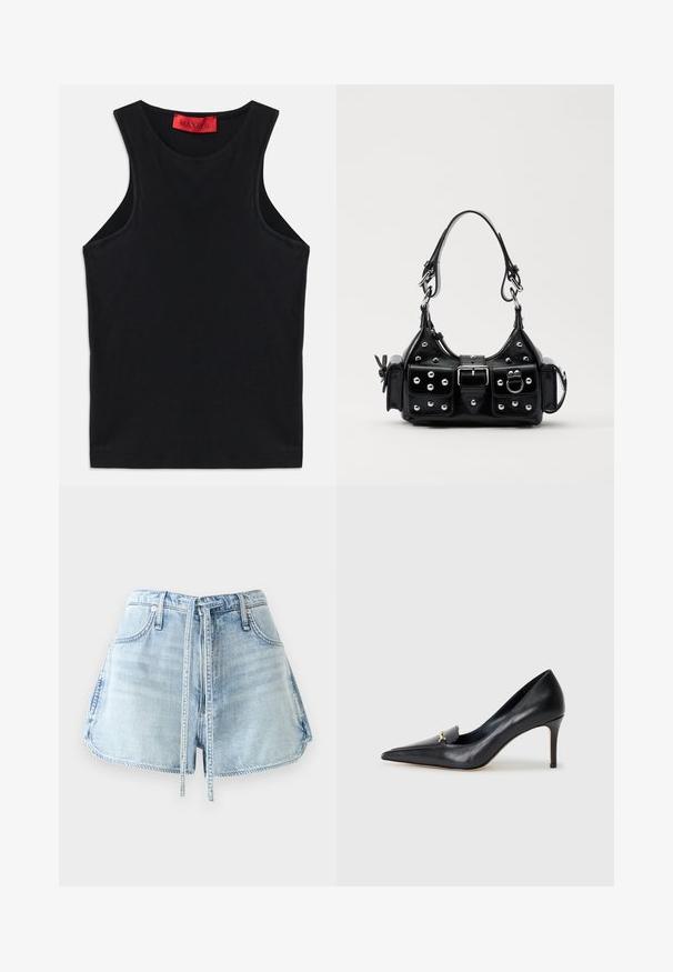 Zwarte mouwloze top van zachte katoen. Heeft een ronde halslijn en een standaard zoom. Eenvoudig ontwerp, geen zichtbare patronen of accenten.; Lichtblauwe denim shorts met een tailleband met trekkoord, vijf zakken en rafelige randen. De stof heeft een versleten structuur.; Zwarte leren pump met een spitse neus, lage vamp en een decoratieve gouden accent. Voorzien van een stilettohak en een gladde textuur.; Zwarte lederen handtas met een gebogen ontwerp, voorzien van zilveren studs, een gesp en twee zijvakken. Verstelbare schouderband voor verschillende draagmogelijkheden.