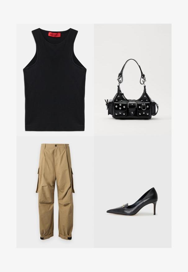 Černý bezrukávový top vyrobený z měkké bavlny. Má kulatý výstřih a standardní lem. Jednoduchý design, bez viditelných vzorů nebo akcentů.; Khaki cargo kalhoty vyrobené z lehkého materiálu, s bočními cargo kapsami, zapínáním na knoflík a elastickými manžetami na kotnících.; Černé kožené lodičky s špičatou špičkou, nízkým svrškem a dekorativním zlatým akcentem. Mají jehlový podpatek a hladkou texturu.; Černá kožená kabelka s křivkovým designem, zdobená stříbrnými hřebíky, s přezkou a dvěma bočními kapsami. Nastavitelný popruh pro různé možnosti nošení.