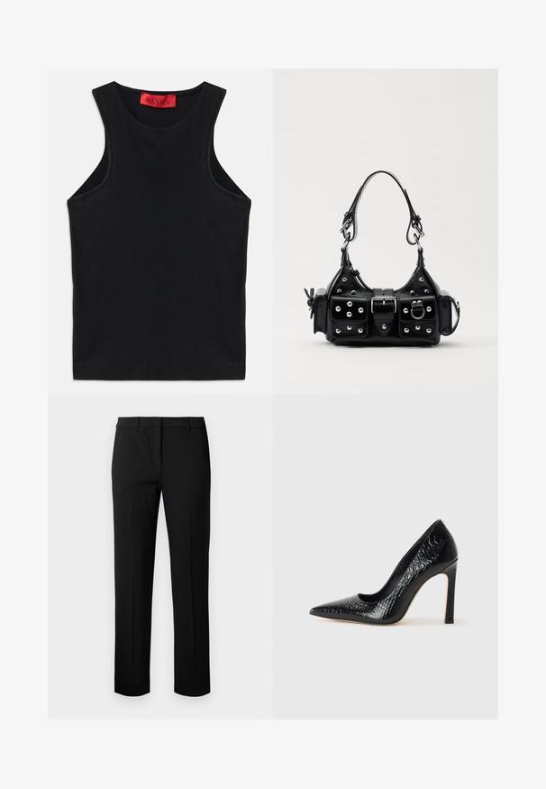 Top preto sem mangas feito de algodão macio. Apresenta um decote redondo e uma bainha standard. Design simples, sem padrões ou acessórios visíveis.; Calças pretas de corte reto com passantes para cinto, vincos frontais e fecho oculto em fundo branco.; Sapato de salto alto de bico fino preto com textura de pele de crocodilo, apresentando um design elegante, salto agulha alto e interior preto suave.; Bolsa de couro preta com um design curvado, apresentando tachas prateadas, uma fivela e dois bolsos laterais. Alça ajustável para opções de transporte.