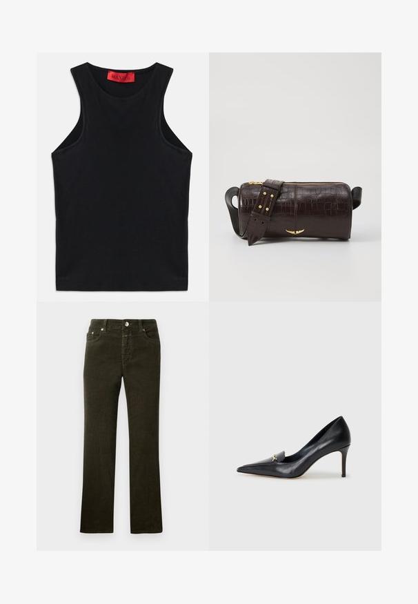 Sort ærmeløs top lavet af blødt bomuld. Har en rund halsudskæring og standard kant. Simpelt design, ingen synlige mønstre eller accenter.; Lige ben, mørke olivengrønne corduroybukser med femlommesdesign, metalknap og lynlås. Blød tekstur med synligt cord mønster.; Sorte læderpumps med spids tå, lav udskæring og dekorativ guldaccent. Har en stiletthæl og glat tekstur.; Brun krokodilleder taske med cylindrisk form, hardware i guld-tone, og en aftagelig rem med nitter.