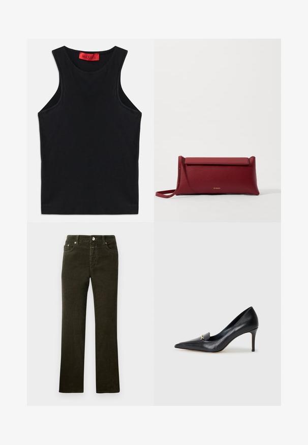 Sort ærmeløs top lavet af blødt bomuld. Har en rund halsudskæring og standard kant. Simpelt design, ingen synlige mønstre eller accenter.; Lige ben, mørke olivengrønne corduroybukser med femlommesdesign, metalknap og lynlås. Blød tekstur med synligt cord mønster.; Sorte læderpumps med spids tå, lav udskæring og dekorativ guldaccent. Har en stiletthæl og glat tekstur.; Rød læder clutchtaske med tekstureret overflade, der har et fladt fold-over top og en kort rem. Diskret logo på fronten.