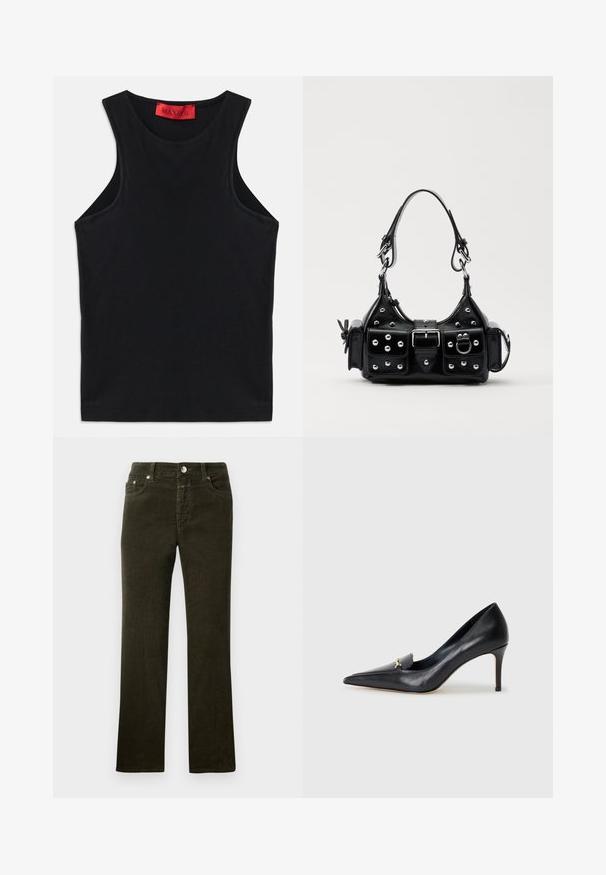 Zwarte mouwloze top van zachte katoen. Heeft een ronde halslijn en een standaard zoom. Eenvoudig ontwerp, geen zichtbare patronen of accenten.; Rechtafstaande, donker olijfgroene corduroy broek met een vijf-pocket ontwerp, metalen knoop en ritssluiting. Zachte textuur met zichtbaar ribpatroon.; Zwarte leren pump met een spitse neus, lage vamp en een decoratieve gouden accent. Voorzien van een stilettohak en een gladde textuur.; Zwarte lederen handtas met een gebogen ontwerp, voorzien van zilveren studs, een gesp en twee zijvakken. Verstelbare schouderband voor verschillende draagmogelijkheden.