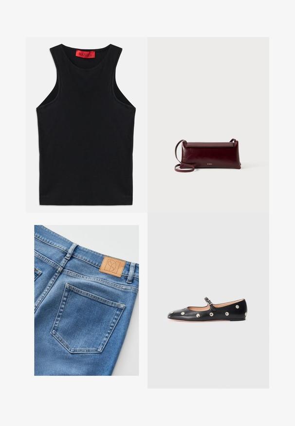 Top sans manches noir en coton doux. Présente un col rond et un ourlet standard. Design simple, sans motifs ni accents visibles.; Jeans en denim bleu avec une pièce en cuir beige au niveau de la taille à l'arrière, deux poches arrière et une finition lisse et texturée.; Chaussure plate en cuir noir type Mary Jane avec un bout arrondi, ornée de clous ronds en argent et dotée d'une sangle réglable avec une boucle.; Sac à bandoulière en cuir bordeaux avec une texture lisse, de forme rectangulaire, fermeture à rabat et une fine sangle réglable. Détail du logo doré visible.