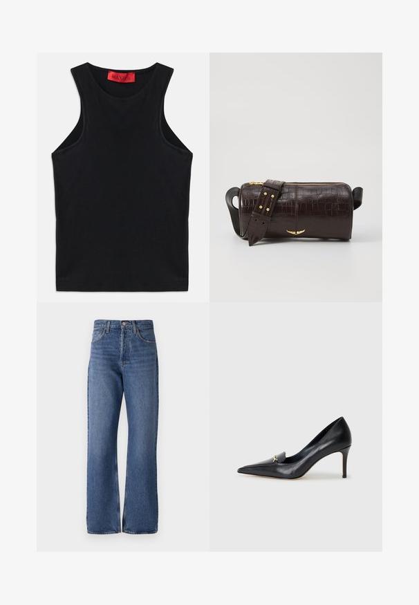 Top preto sem mangas feito de algodão macio. Apresenta um decote redondo e uma bainha standard. Design simples, sem padrões ou acessórios visíveis.; Jeans de denim azul com uma cintura alta, silhueta de perna larga, design clássico de cinco bolsos e um desgaste subtil ao longo do tecido.; Sapatilha de couro preto com bico fino, vamp baixo e um detalhe decorativo em ouro. Apresenta um salto agulha e uma textura suave.; Bolsa de couro com textura de crocodilo na cor marrom, com forma cilíndrica, metalizações em tom dourado e uma alça destacável com tachas.