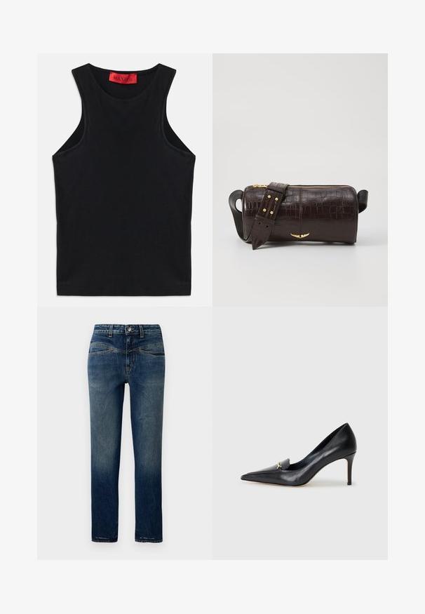 Top preto sem mangas feito de algodão macio. Apresenta um decote redondo e uma bainha standard. Design simples, sem padrões ou acessórios visíveis.; Jeans de ganga azul-escuro com corte reto, apresentando um desbotado leve, costura laranja e fecho de botão na cintura.; Sapatilha de couro preto com bico fino, vamp baixo e um detalhe decorativo em ouro. Apresenta um salto agulha e uma textura suave.; Bolsa de couro com textura de crocodilo na cor marrom, com forma cilíndrica, metalizações em tom dourado e uma alça destacável com tachas.
