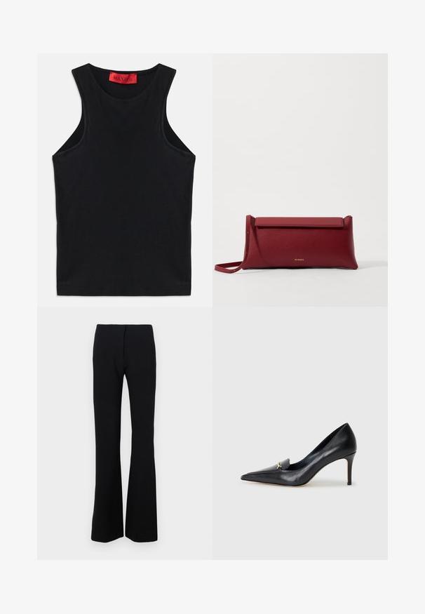 Schwarzes ärmelloses Oberteil aus weichem Baumwollstoff. Mit Rundhalsausschnitt und normalem Saum. Einfaches Design, ohne sichtbare Muster oder Akzente.; Schwarze Schlaghosen aus Stretchstoff mit glatter Textur und schmaler Taille. Keine sichtbaren Verschlüsse oder Muster.; Schwarzer Lederpumps mit spitzer Zehe, niedrigem Vamp und dekorativem goldenen Akzent. Verfügt über einen Stiletto-Absatz und eine glatte Textur.; Rote Leder-Clutch mit strukturiertem Finish, ausgestattet mit einem flachen Klappdeckel und einem kurzen Tragegriff. Diskretes Markenlogo auf der Vorderseite.
