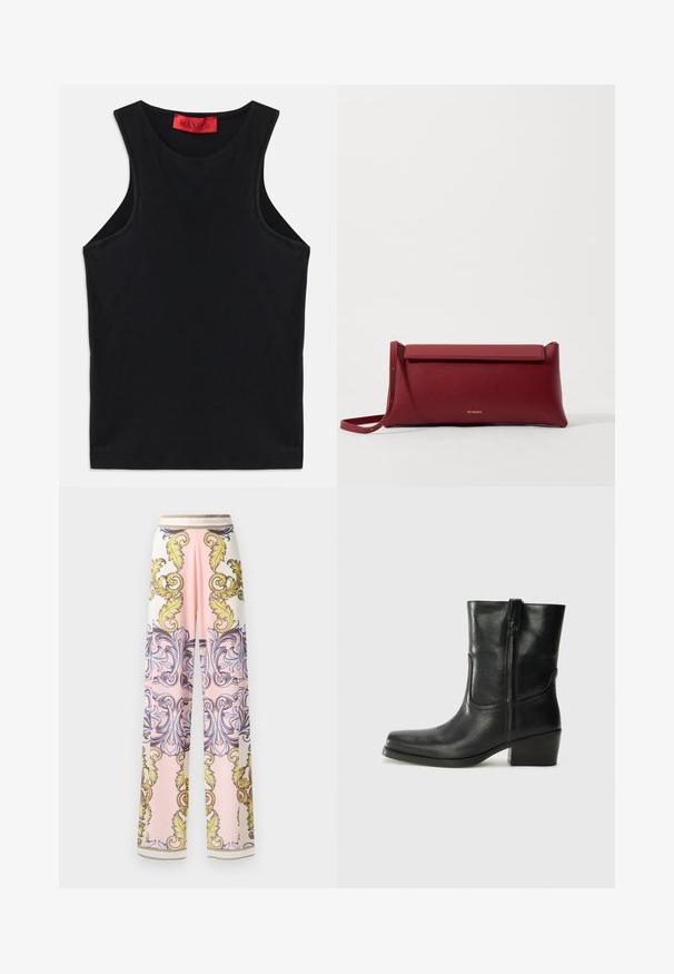 Top sans manches noir en coton doux. Présente un col rond et un ourlet standard. Design simple, sans motifs ni accents visibles.; Pantalons larges en tissu léger présentant une palette de couleurs rose et blanche avec des motifs baroques ornés en jaune et bleu et des accents dorés.; Bottine en cuir noir avec un bout rond, un talon carré, une fermeture éclair sur le côté et des coutures décoratives sur l'empeigne. Texture lisse, design classique.; Pochette en cuir rouge à la finition texturée, avec un rabat plat et une courte sangle. Logo de marque discret sur le devant.