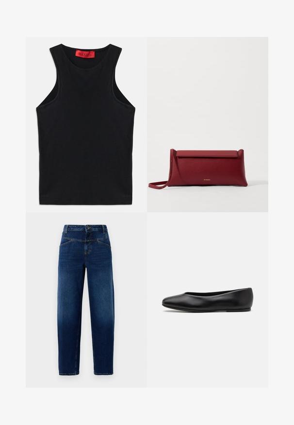 Top sin mangas negro hecho de algodón suave. Presenta un escote redondo y un dobladillo estándar. Diseño simple, sin patrones ni acentos visibles.; Jeans de mezclilla azul oscuro con un diseño de pierna recta, cinco bolsillos, cierre con botón superior y acentuaciones de costura naranja.; Paul Smith TOPANGA - Bailarinas - black; Bolso de mano de cuero rojo con un acabado texturizado, que presenta una parte superior plana y un asa corta. Sutil logo de la marca en la parte frontal.